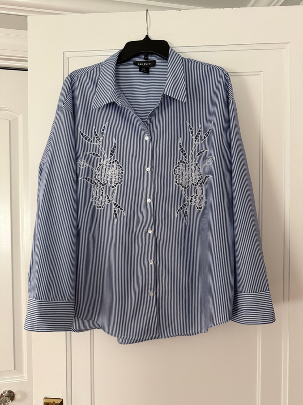 Bailey/44 XL Blue Striped Button Down | Embroidered Cutout Blouse Lightweight